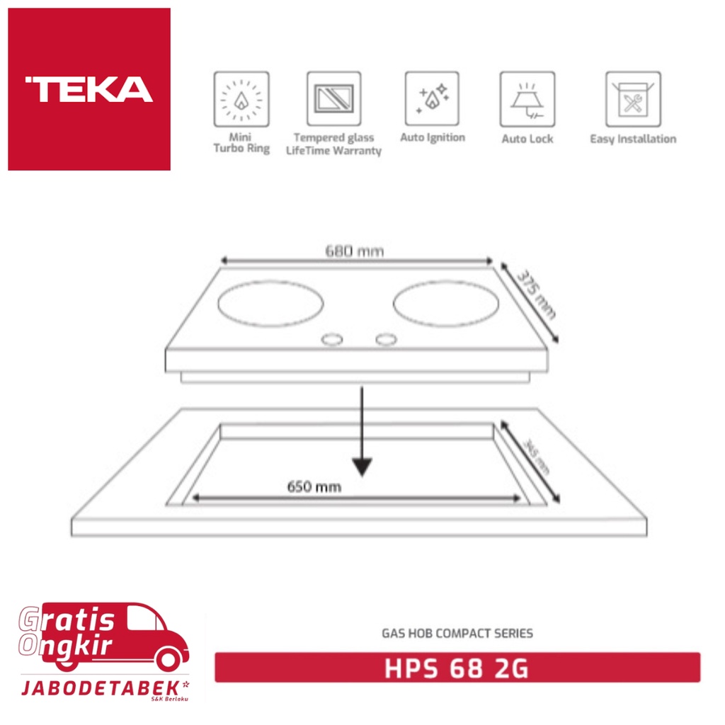 TEKA Kompor Gas Tanam HPS 68 2G Compact Gas Hob 2 Tungku