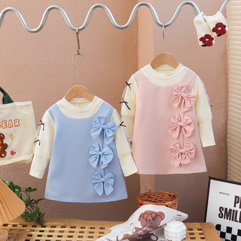 MP3 NEW Dress dua warna / dress lengan panjang anak perempuan motif tiga pita