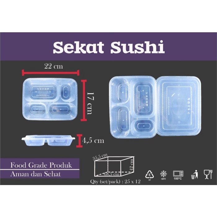 Promo Thinwall Sekat 4-Sekat Sushi-Kotak Sushi-Kotak Bento 1Dus12Pack Murah