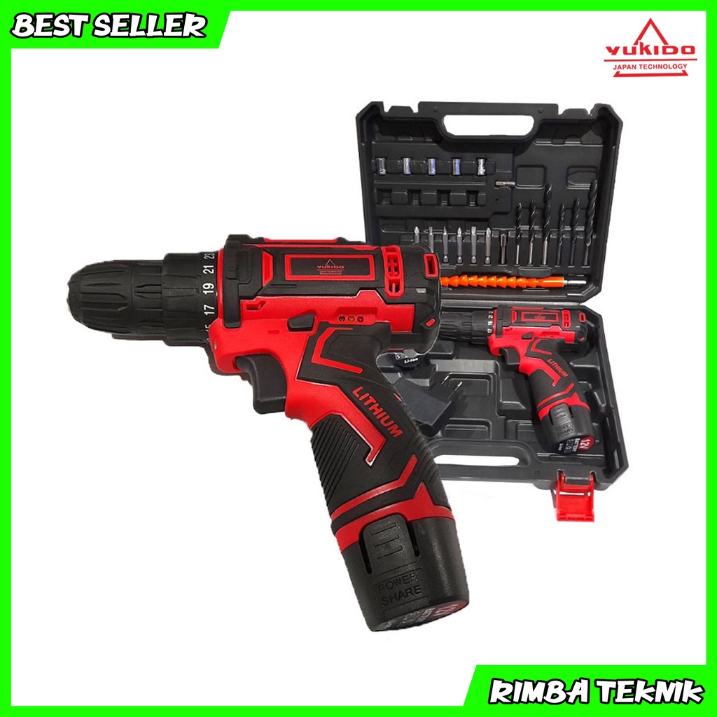 YUKIDO Bor Cordless Drill 12 Volt Tanpa Kabel Bor Baterai Driver Impact elektric Rechargeable Power Tools