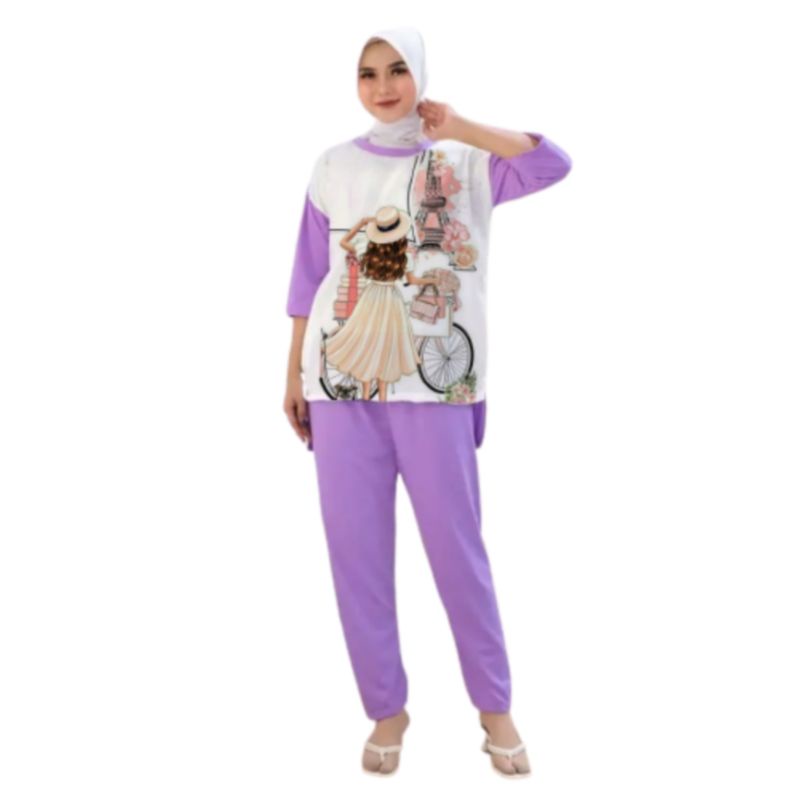 Setelan Kaos Wanita Dewasa Oversize Ld 110 cm Terbaru 2023 Viral Gambar Digital Printing Bahan Kaos Babyterry Tangan 3/4 dan Celana Panjang One Set Wanita Dewasa Jumbo Kekinian Atasan Baju Wanita Dewasa Big Size Stelan Baju Wanita Santai Cewek Paris