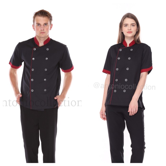 Seragam Koki Baju Koki / Chef Hitam Dove List Merah Maroon