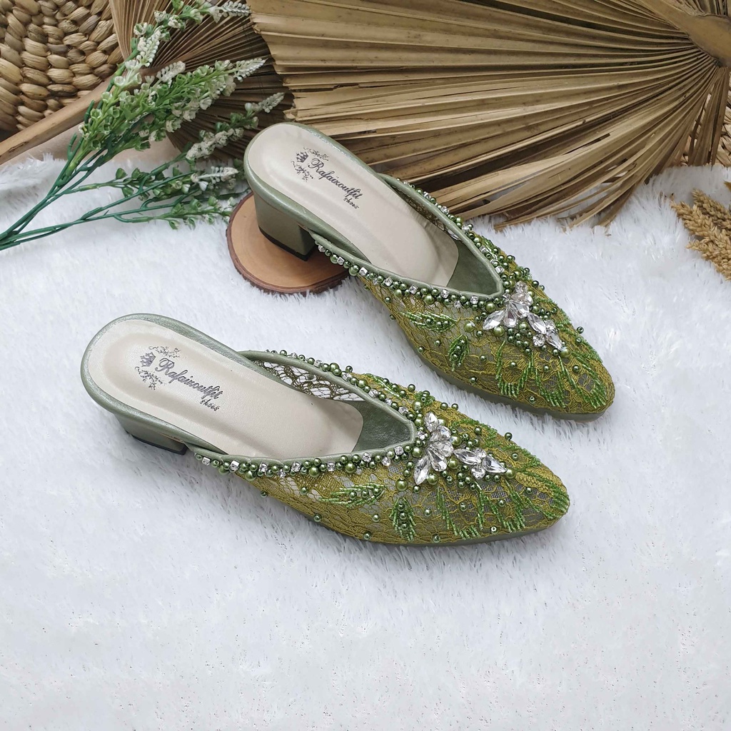 Sepatu wedding pesta cantik alena iceblue &amp; olive hak tahu 5/7 cm