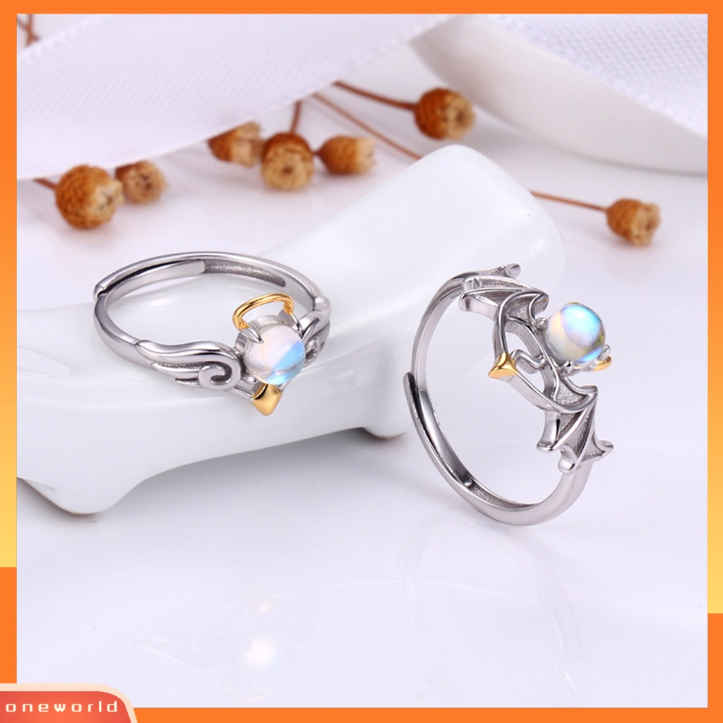 [ONW] Wanita Cincin Romantis Bersinar Faux Moonstone Desain Pembukaan Yang Dapat Disesuaikan Hadiah Hias Sayap Malaikat Setan Jari Cincin Perhiasan Pesta Untuk Kekasih