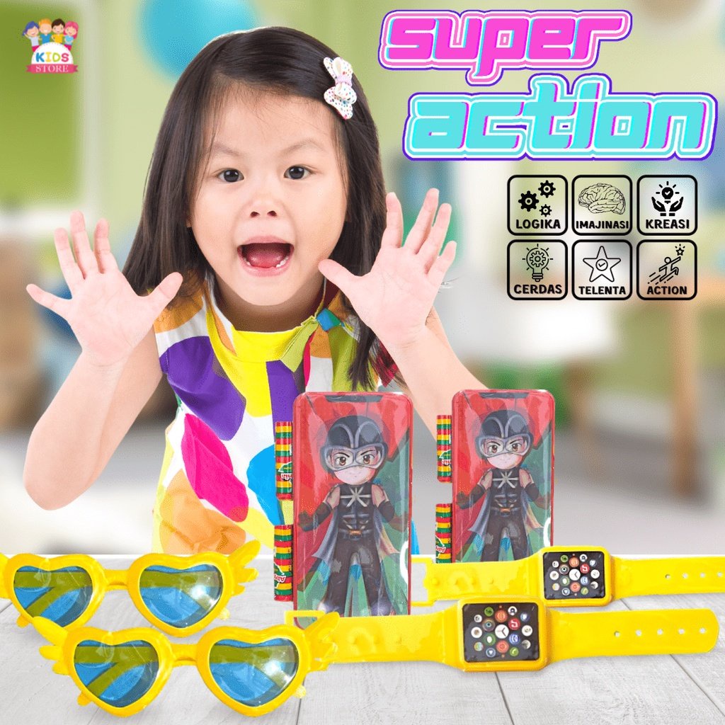 Super Action 3pcs | Mainan Kaca Mata HandPhone Jam Tangan | Mainan Handphone Anak Mainan Edukasi | Kado Ulang Tahun Anak Laki Laki