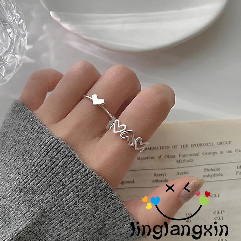 Llx-2 Buah Cincin Jari Set Bukaan Dapat Disesuaikan Dengan Desain Berbentuk Hati Cinta