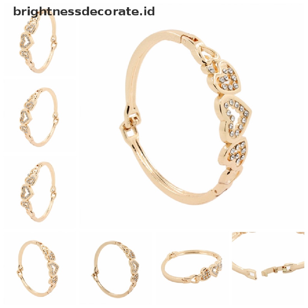 [Birth] Hot Fashion Wanita Lady Lapis Emas Kristal Cuff Bangle Cinta Hati Pesona Gelang [ID]