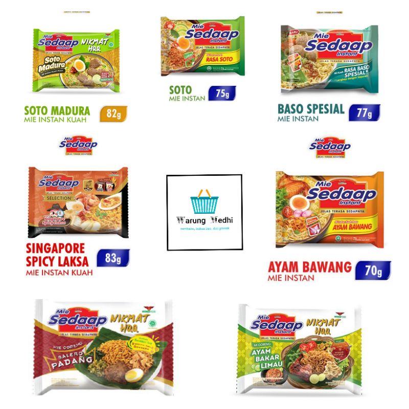 

Mie Sedaap Instant Kuah & Goreng / Soto/ Soto Madura/ Singapore Spicy Laksa/ Baso Spesial/ Ayam Bawang/ Ayam Bakar Limau / Salero Padang