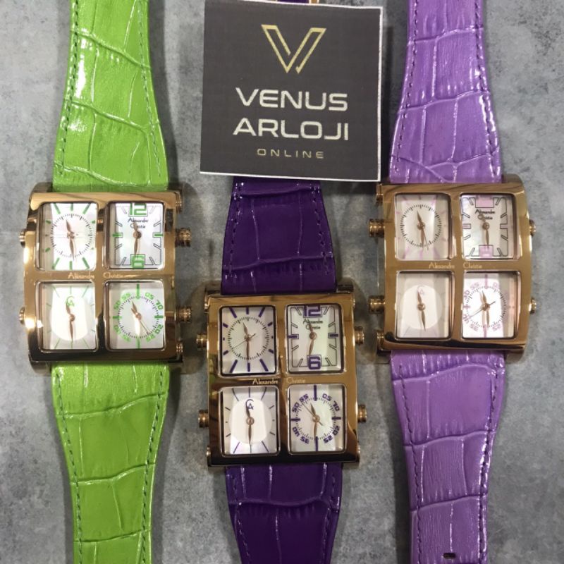 Jam Alexandre Christie AC 2409 LH LRG Wanita Rosegold Kulit Hijau Ungu Segi 4 Waktu