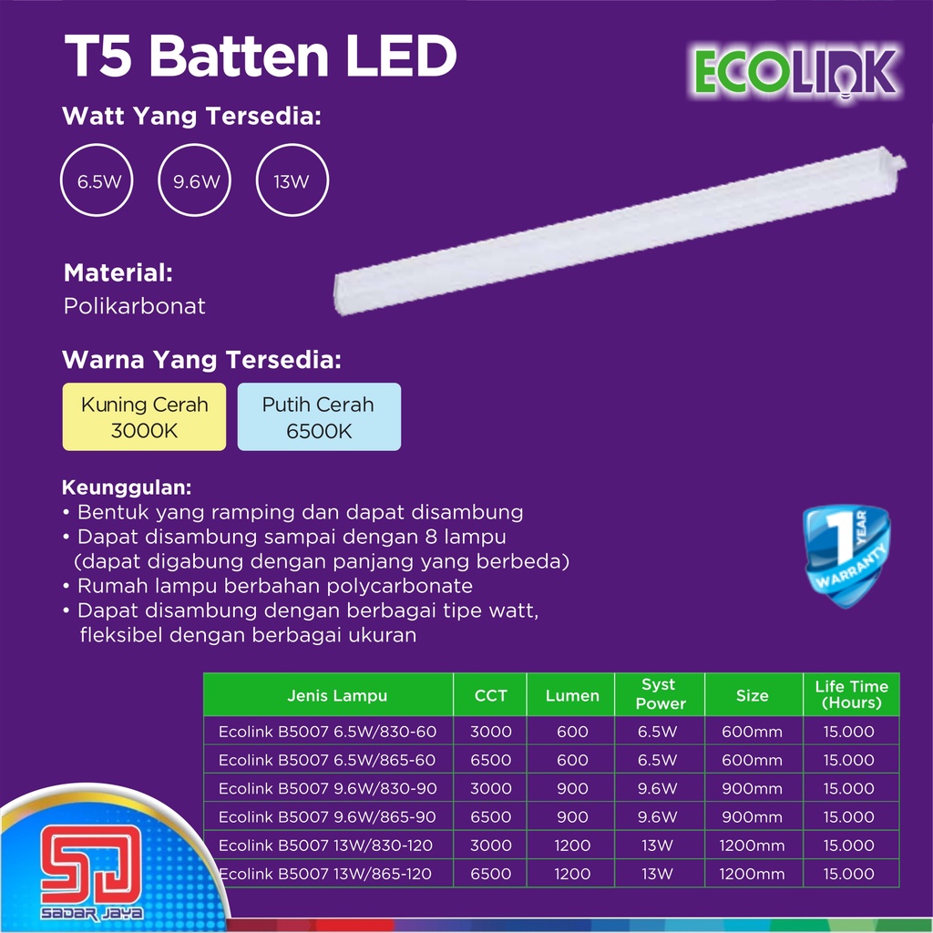 Ecolink T5 Batten 6,5 Watt LED Panjang 9,6 W Lampu Neon 13Watt