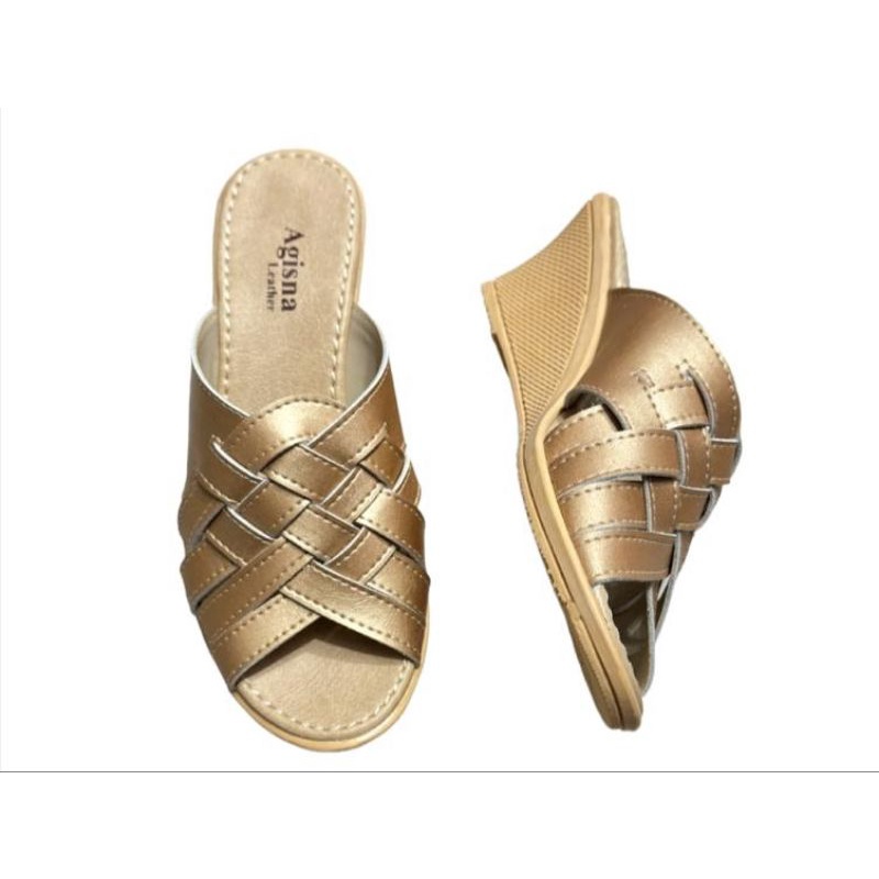 sandal kulit wanita asli sukaregang garut warna emas warna gold termurah sol karet 5cm berkualitas sandal wedges wanita warna emas sandal kuoit hak tinggi