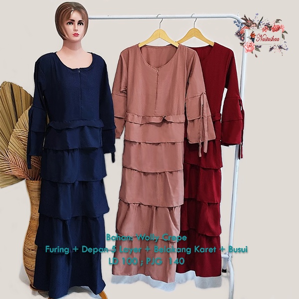 Maxi Dress Gamis Tumpuk Depan Wollycrepe Fashion Wanita Muslim Dress Polos Lengan Lonceng Ada Tali Bagian Lengan Busui Friendly