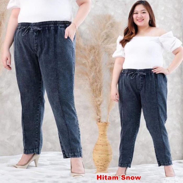 Celana Kulot Linen Jeans Boyfriend Wanita Pinggang Karet Kolor Jumbo SNOW BLACK H0J8 Modis Premium T