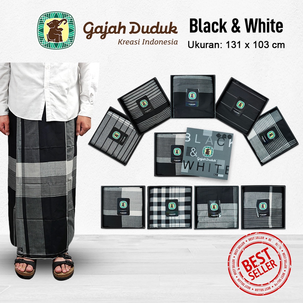 Sarung GAJAH DUDUK Black &amp; White Hitam Putih Cap Original Asli sarung Dewasa Sarung Pria sarung Laki laki Kain Samping Perlengkapan Sholat Solat Shalat Sarung premium sarung wadimor sarung hitam  sarung gajah manggis sarung BHS