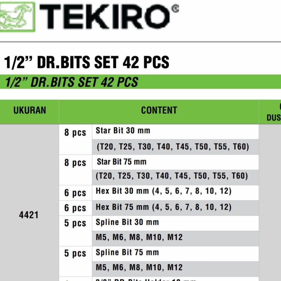 Tekiro Bit Set 42 Pcs 1/2 Inch Mata Kunci Shock L Bintang Star Hex