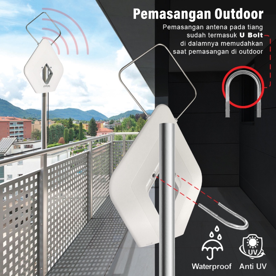 Antena TV Digital Analog Booster Indoor Outdoor + Kabel 12Meter PX HDA 2000 (Putih)