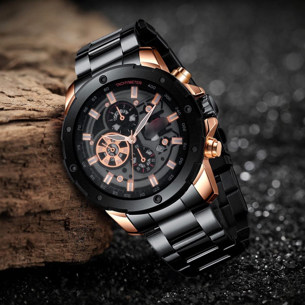 BISA COD✅ Jam tangan pria S6411 Strap Rantai Stainless Chrono Variasi Tanggal Aktif Free Batrai