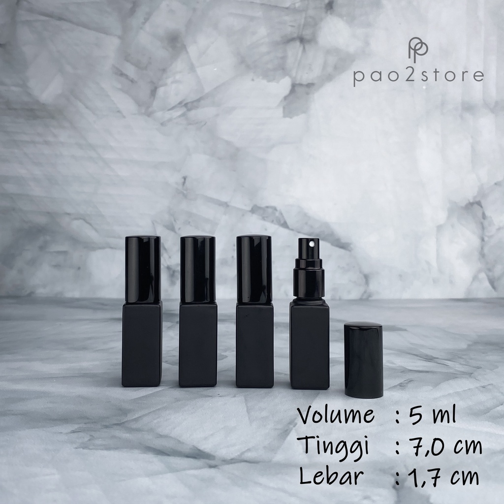 Botol Spray 5ml Kaca Kotak Tebal HITAM DOFF MATTE untuk Parfum Refill Decant