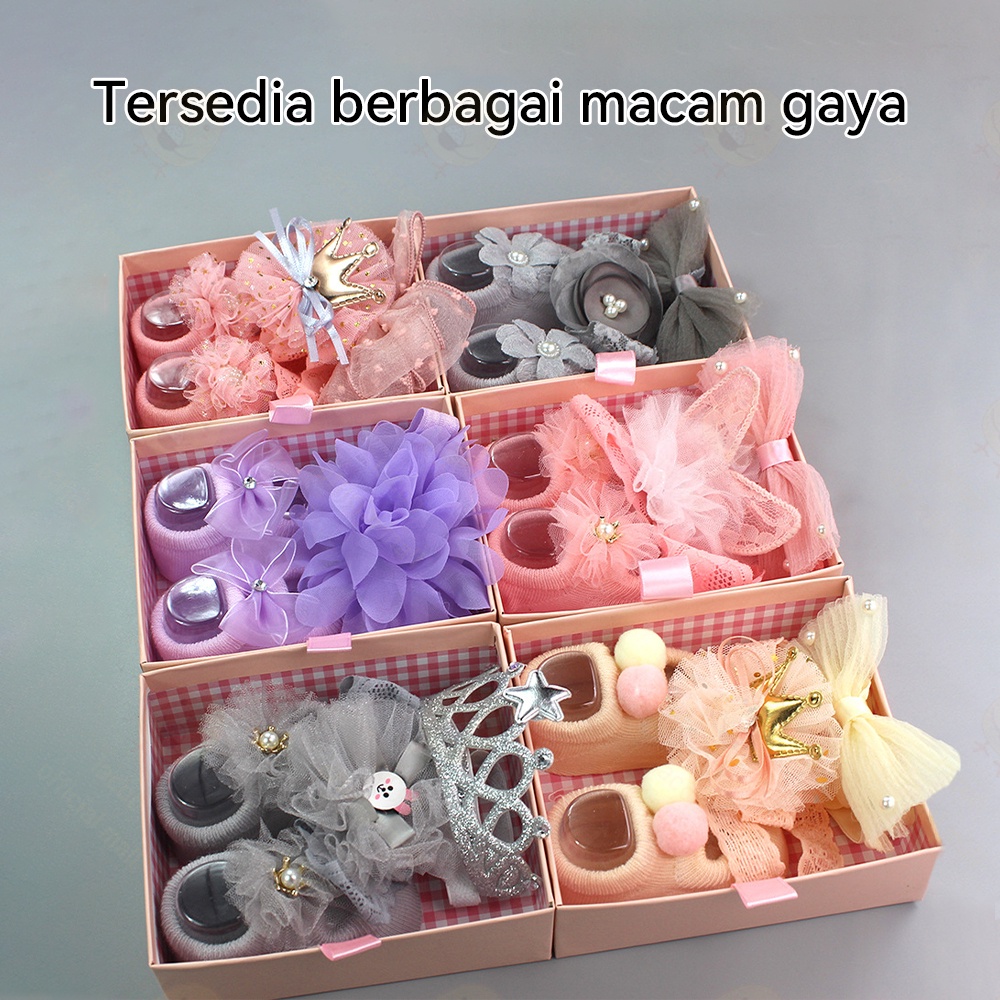 Lacoo 3in1 Kaos kaki bandana bayi perempuan lucu kaus kaki bando bayi cewek import dengan kotak cantik 0-1 tahun