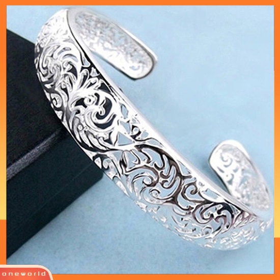 {oneworld} Gelang Cuff Bukaan Pengerjaan Indah Hollow Warna Silver Motif Ukir Retro Bangle Untuk Pesta