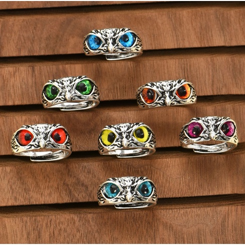 Cincin Retro Mata Burung Hantu Kepribadian Warna Aksesoris Cincin yang Dapat Disesuaikan TN