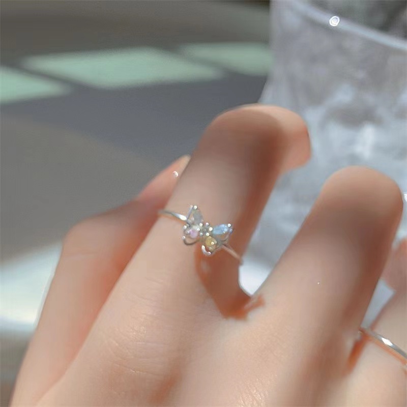 S925 Perak Moonstone Cinta Rumbai Cincin Kepribadian Korea Berbentuk Hati Terbuka Adjustable Ring