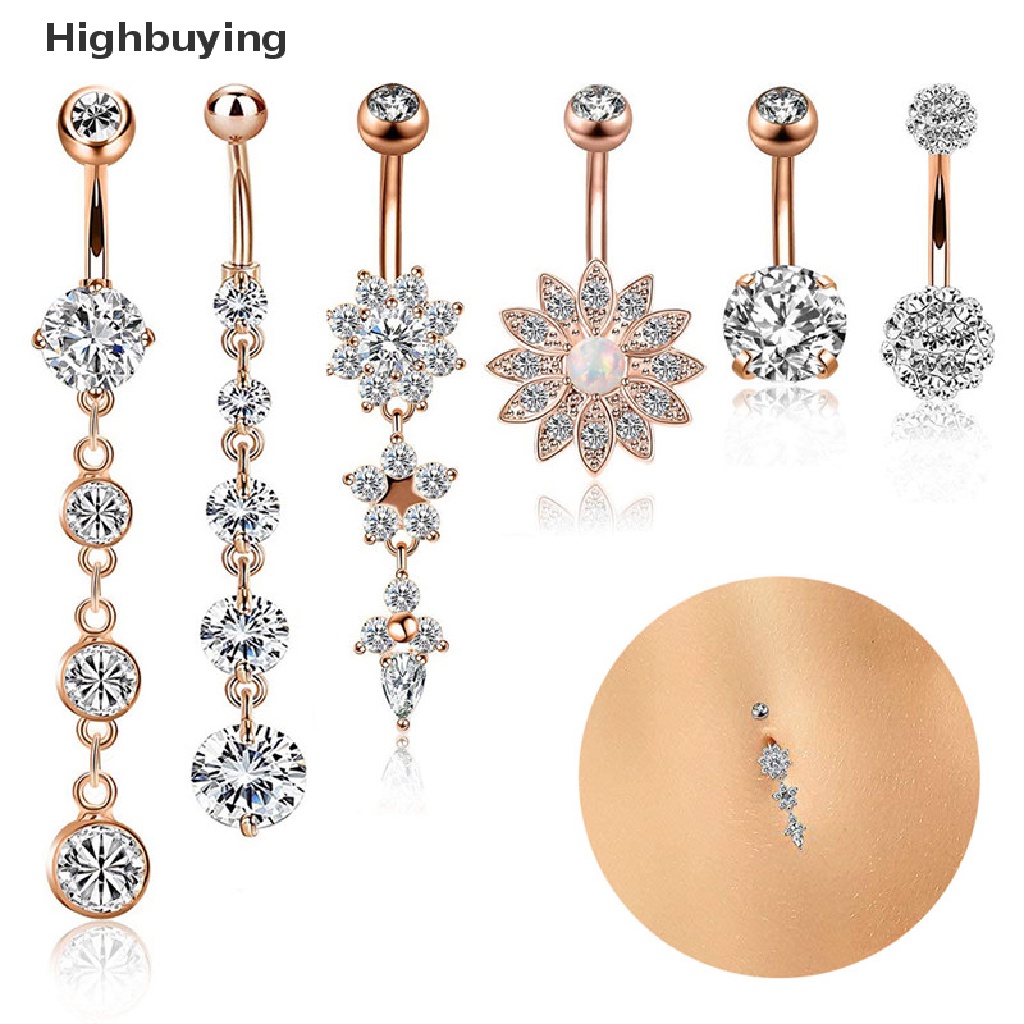 Hbid 6PCS 14G Stainless Steel Crystal Belly Button Rings Cincin Pusar Perhiasan Glory