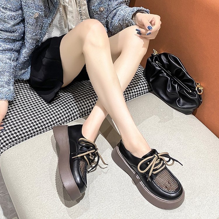 Sepatu Kerja Wanita Cream Jaring Tali Sepatu Perempuan Hitam Klasik Import Woman Casual Shoes Hak Platform SK-047