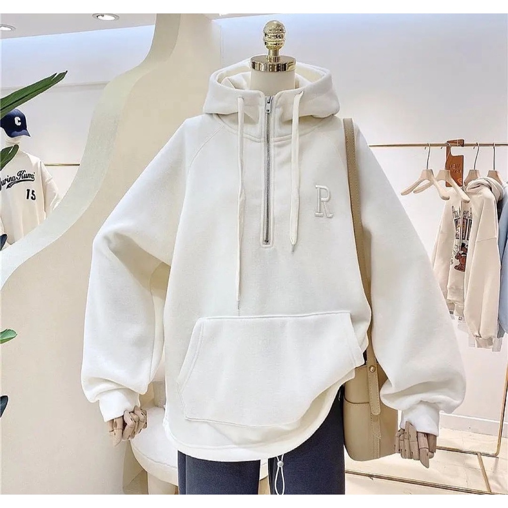 Jacket Wanita R BORDIR HOODIE ZIP SLETING Sweater Kasual Ala Korean Gaya Simple