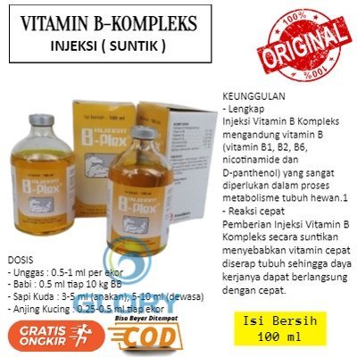 Vitamin Injekvit B Plex ( B-Komplek Injeksi ) 100ml Atau Obat Suntik Penambah Kekebalan Pada Hewan T