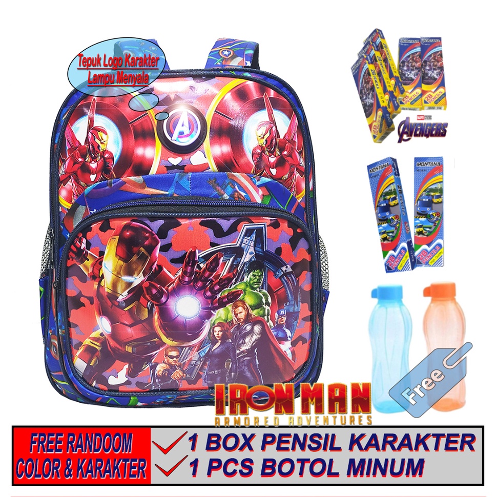 Tas Sekolah anak Laki Laki LED lampu karakter  AVENGERS IRONMAN ransel nyala PAUD/TK FREE BOTOL