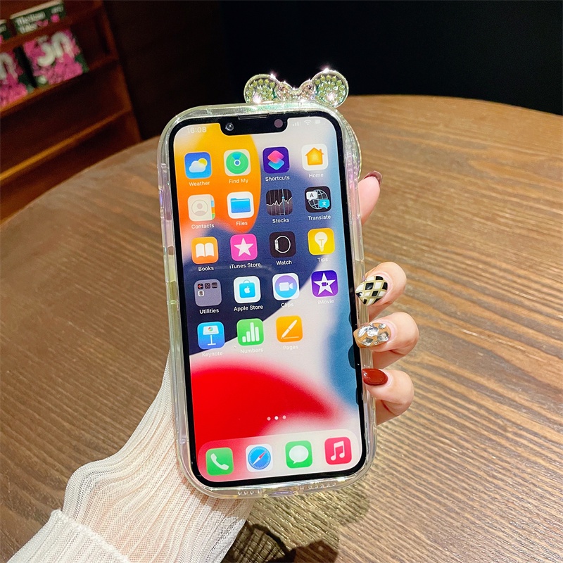 Casing Ponsel Bunga Berlian Mickey Kartun Lucu Untuk IPhone 14 Pro Max13 12 11 X XS Max XR Fashion Grid Transparan Lembut Shockproof Cover