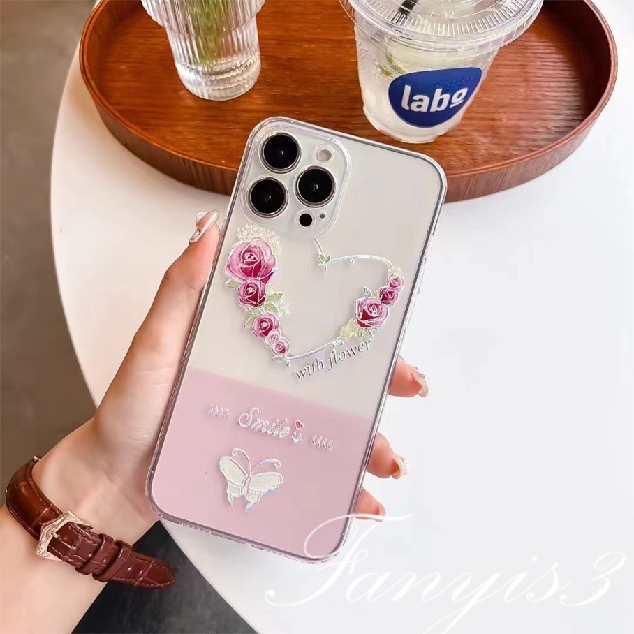 Compatible For iPhone 14 13 12 11 Pro Max X XR Xs Max 8 7 6 6s Plus SE 2020 Kompatibel Untuk Ins Bunga Kupu-Kupu Ponsel Case Bening TPU Lembut Cover Pelindung