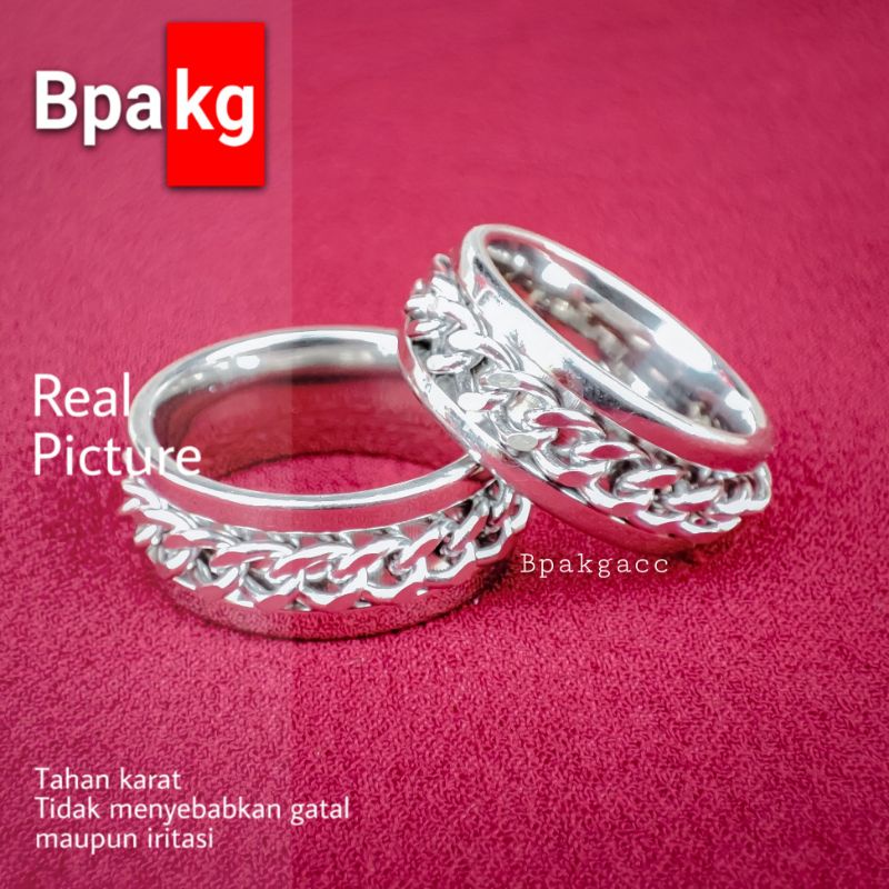 Cincin titanium rantai putar rotasi Anti karat # Cincin Silver Besi Putih Asli Anti Luntur Simple Bu