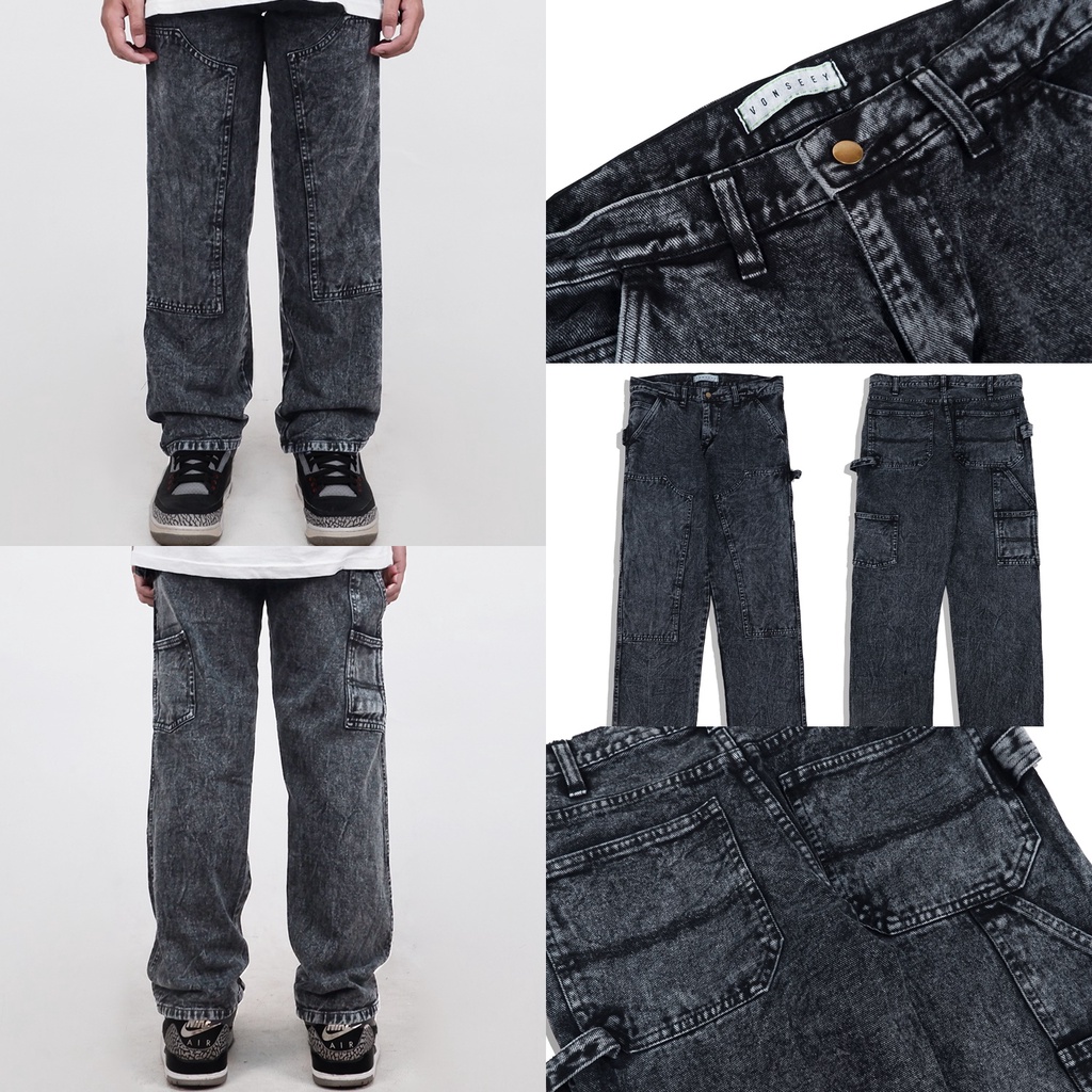 CELANA JEANS CARPENTER PANTS GREY WASH LOOSE FIT JUMBO BIG SIZE VONSEEY