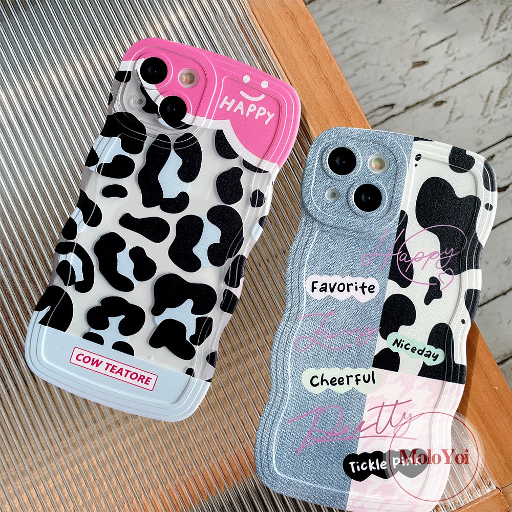 IPHONE Casing Pasangan Tepi Bergelombang Kompatibel Untuk Iphone6 6s 8 7 Plus XR 14 13 12 Pro Max 11 Pro Max 14Plus X XS Max SE 2020motif Denim Splicing Motif Sapi Leopard Lembut TPU Penutup Belakang