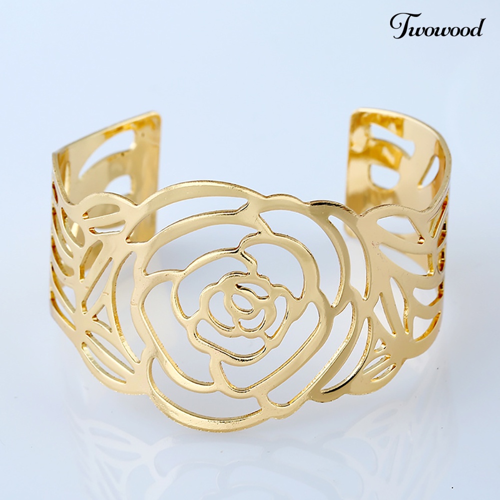 Twowood Fashion Wanita Logam Pembukaan Mawar Berongga Manset Gelang Bangle Pergelangan Tangan Band Perhiasan