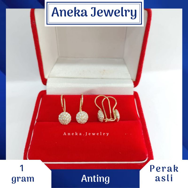 Anting Desy Bulat Mata Full, Sepuh Emas Putih/Kuning, Perak 925