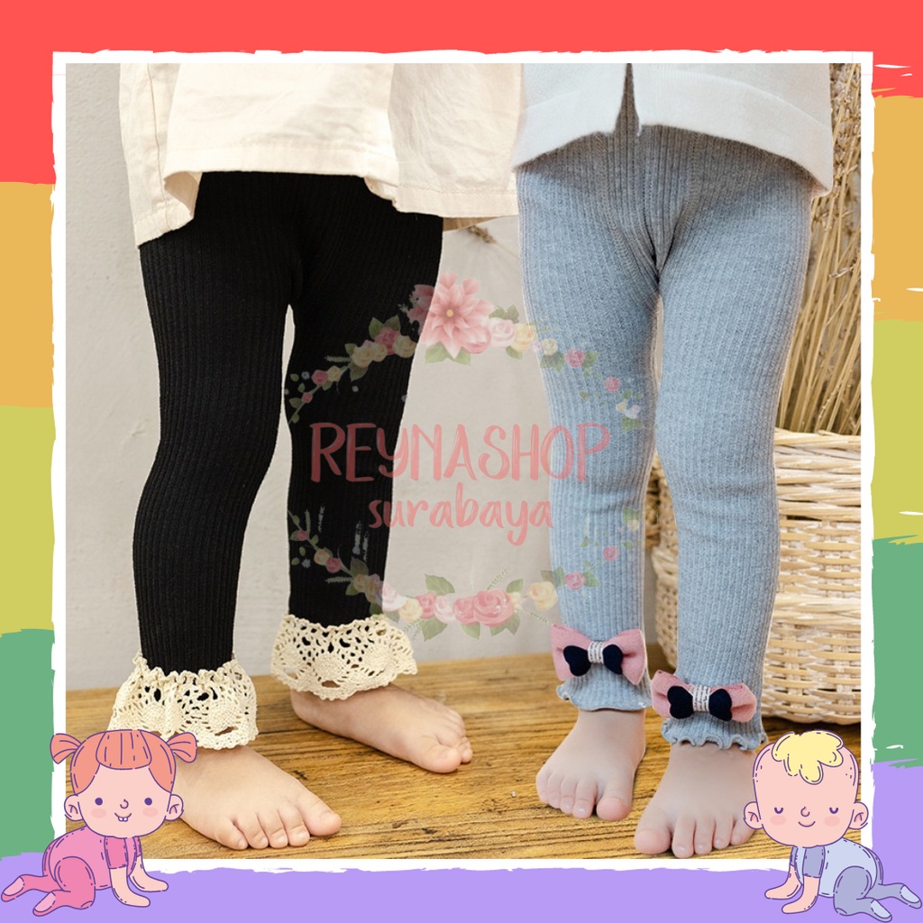 (LGJ-LGK) Celana Legging Anak Perempuan Import / Legging Bergaris Vertical Anak Perempuan Motif Pita Renda