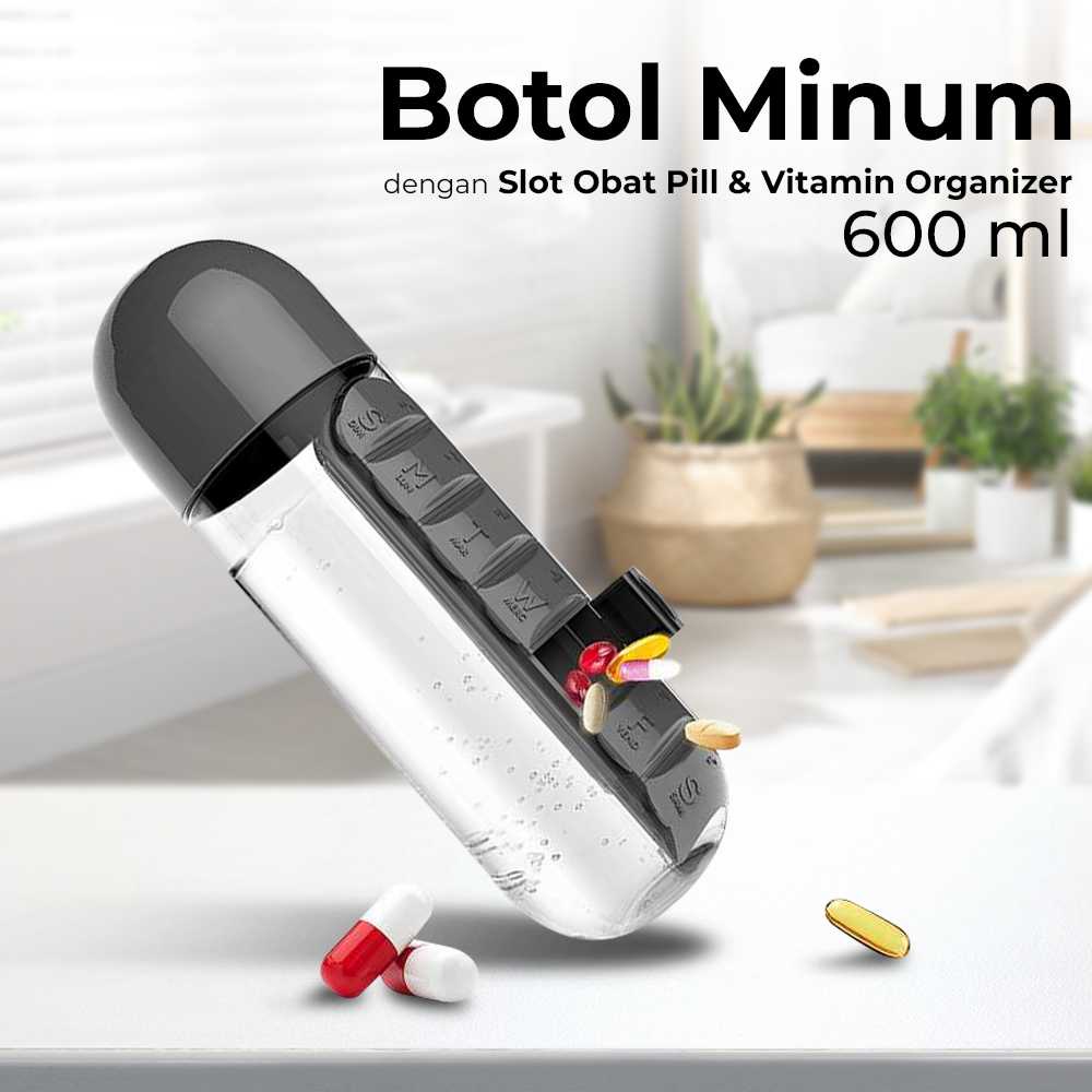 COD Botol Minum Unik dengan Slot Obat Pill &amp; Vitamin Organizer 600ML