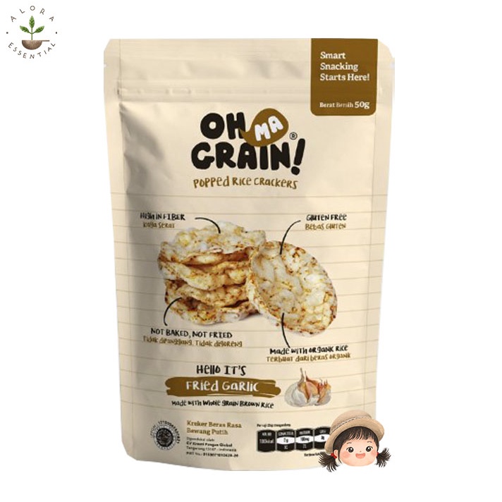 Oh Ma Grain Popped Rice Crackers Garlic 50gr - Snack Sehat - Cemilan Anak