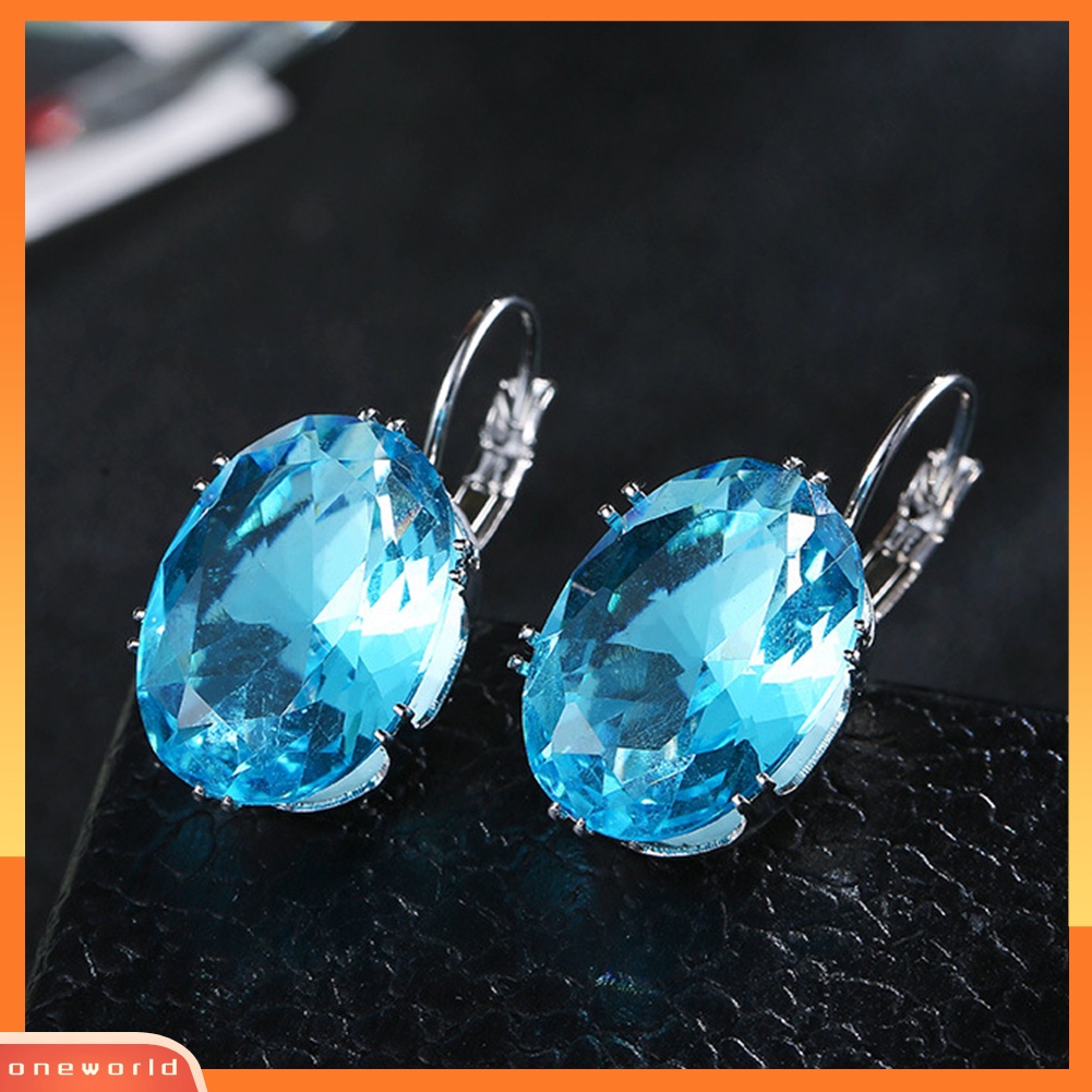 {oneworld} Elegan Wanita Oval Batu Permata Imitasi Hias Menjuntai Leverback Earrings Perhiasan Hadiah