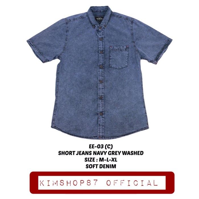 Berkuwalitas Ee-03C Kemeja Pria Denim Lengan Pendek Kemeja Jeans Navy Grey Washed