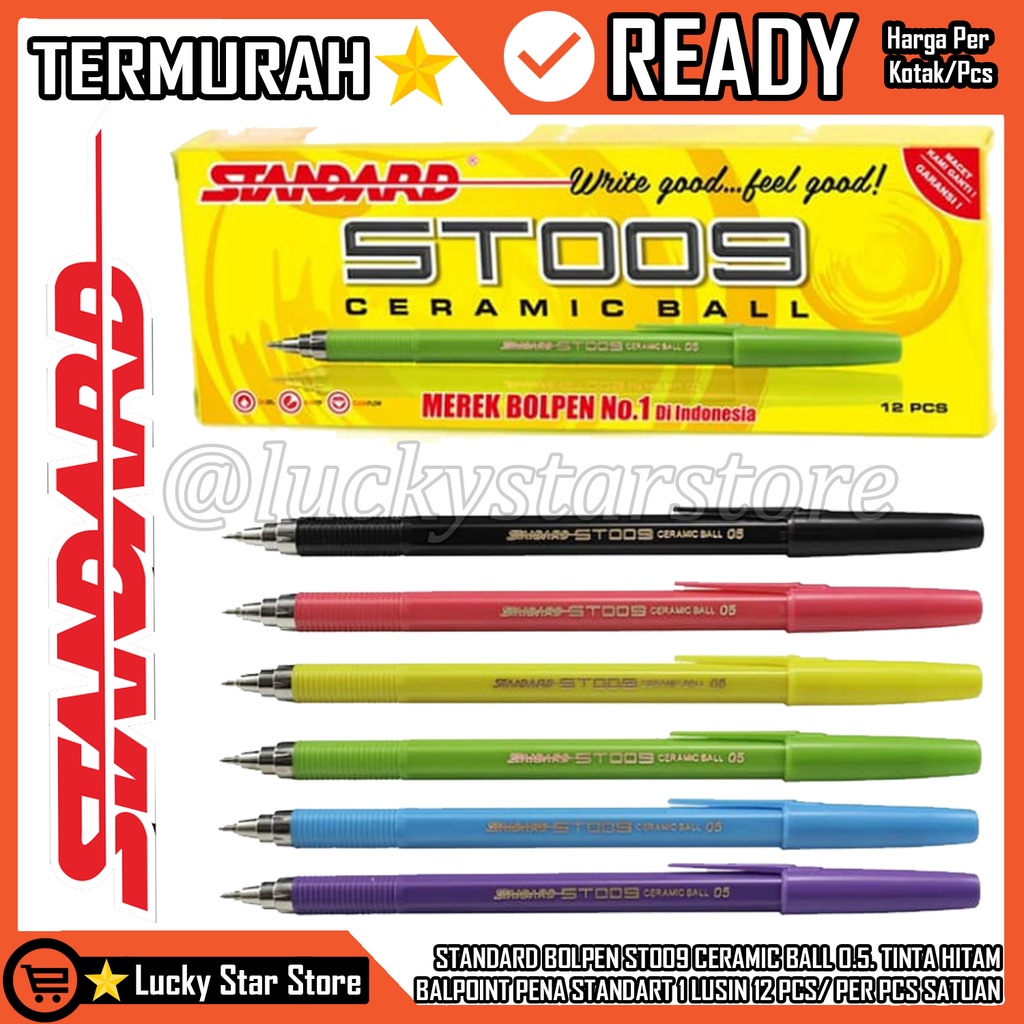 

STANDARD BOLPEN ST009 CERAMIC BALL 0.5. TINTA HITAM BALPOINT PENA STANDART 1 LUSIN 12 PCS/ PER PCS SATUAN BALPEN POINT PENA BOLPOIN KANTOR SEKOLAH ALAT TULIS