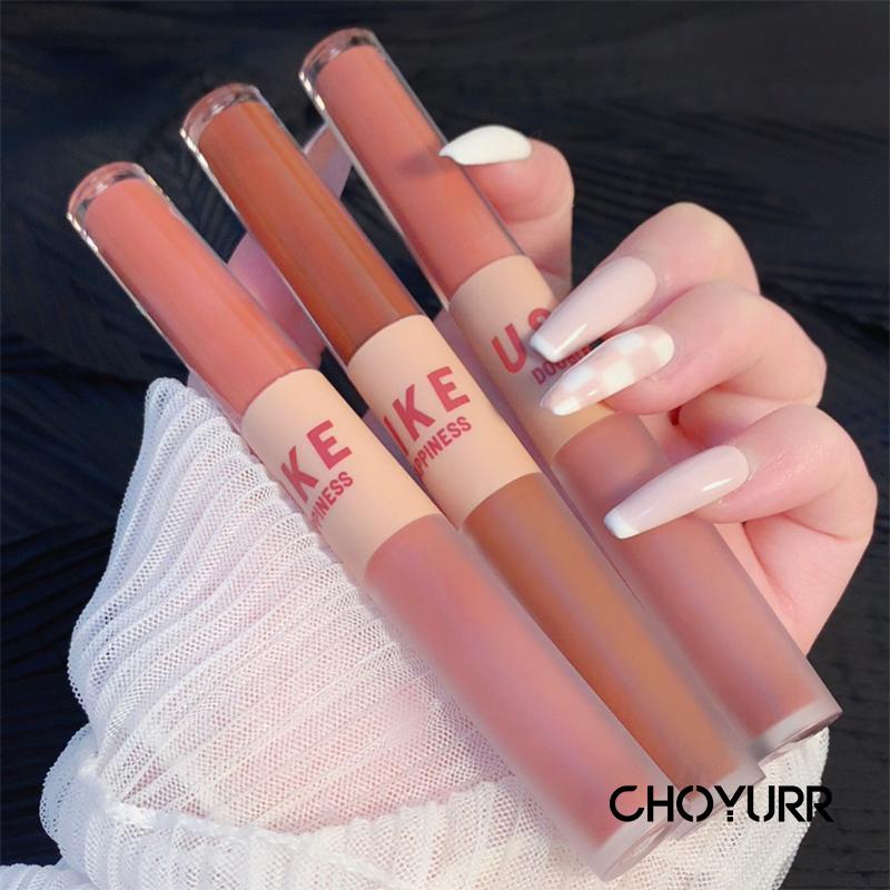 【COD】2 in1 Lipstik Dua Ujung Lip Glasir Cermin Matte Lip Mud Lipstick Lip Cream Lip Gloss Dua Sisi Matte Lipstick Glossy Lipstik-CH