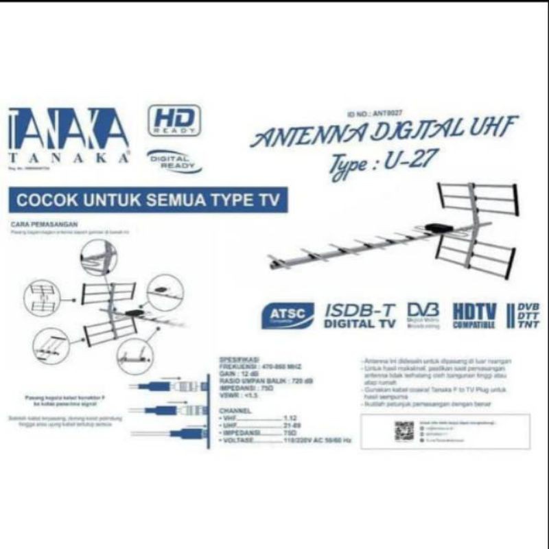 PAKET Antena TV UHF Tanaka U-27 FREE KABEL 15M + BOSTER TNKA ORI MNATAP