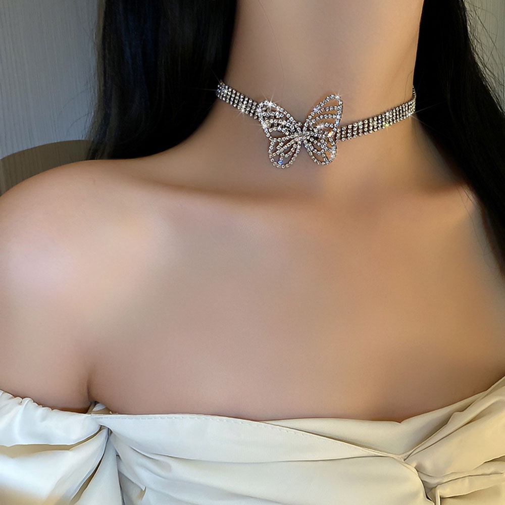 Ins Mewah Berlian Penuh Kupu-Kupu Chockekr Kalung Rantai Klavikula Kalung Pendek Aksesoris Fashion