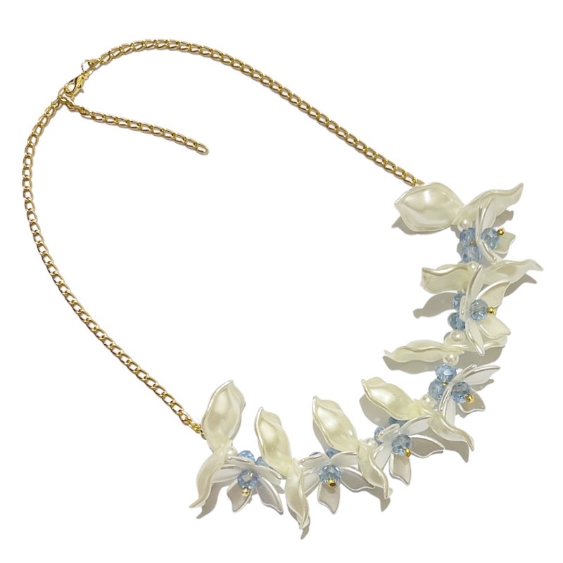 Alison Flowery Pearl Necklace Kalung Crystal Panjang Hijab Bunga Kristal Rantai