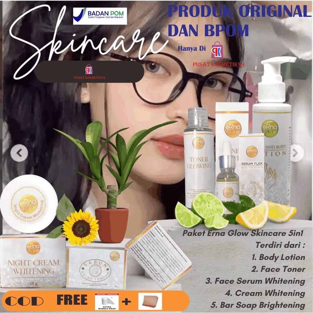 viralpaket 5in1 erna glowing dalam 7hari ampuh erna whitening glowing serum + cream erna glowing + l