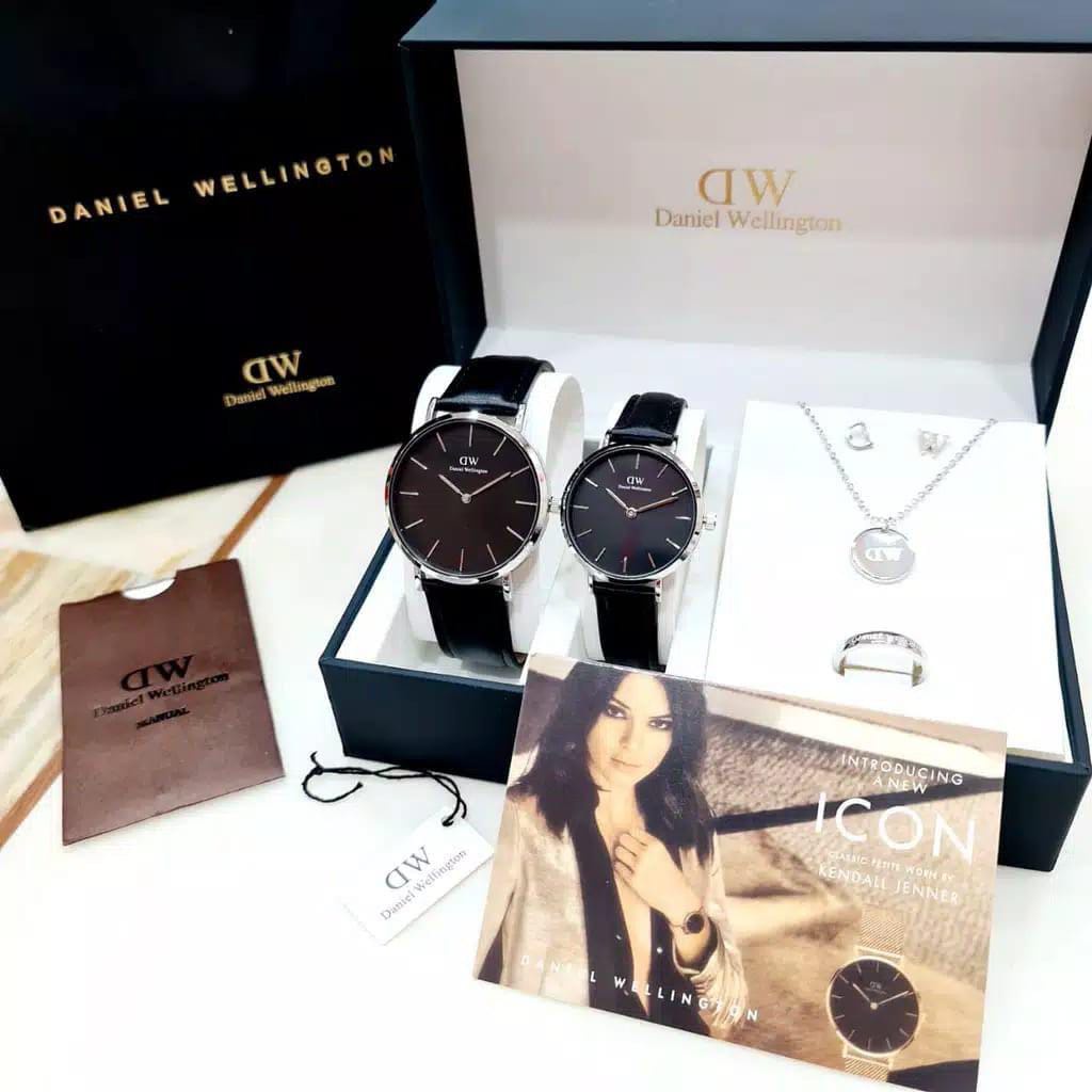 Jam Tangan Couple Pria Wanita DW Bahan Kulit Komplit ACC Kalung+Cincin+Gelang+Anting/Jam Tangan Pasa